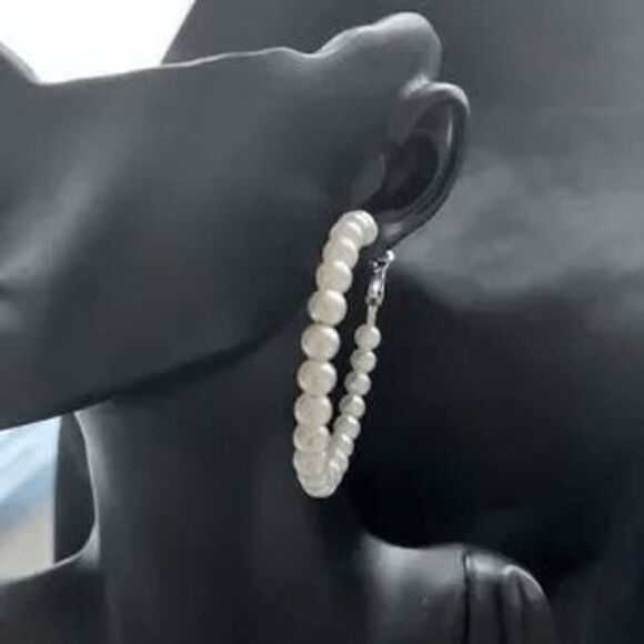 Pearl Silver Toned Hoop Earrings - Picture 6 of 6